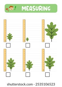 Measuring length  with ruler. Education developing worksheet. practice sheets.A leaf measurement in inches.