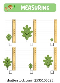 Measuring length  with ruler. Education developing worksheet. practice sheets.Leaf measurement in centimeters