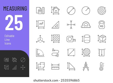 
Linha de medição conjunto de ícones editáveis. Ilustração vetorial no estilo de linha fina moderna de ícones relacionados a parâmetros: tamanho, quadrado, peso e muito mais. Pictogramas e infográficos para aplicativos móveis
