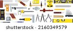 Measuring and Marking icon tools set isolated vectors on white background. Consists of Marking Tools, Calipers, Dividers, Measuring Tools, Squares, Levels, and Bevels.
