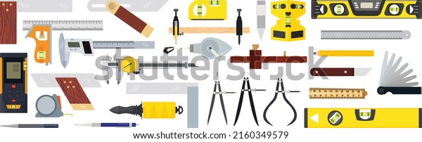 Measuring and Marking icon\
tools set isolated vectors on white background. Consists of Marking\
Tools, Calipers, Dividers, Measuring Tools, Squares, Levels, and\
Bevels.
