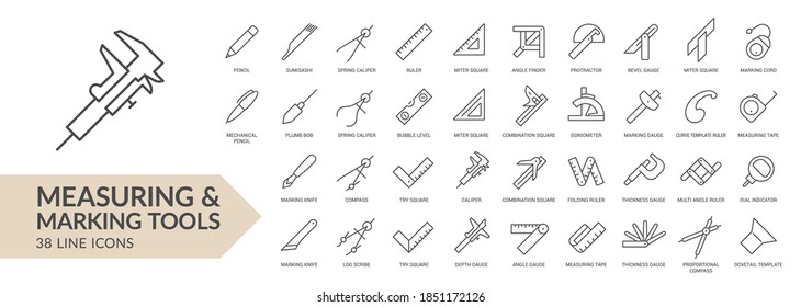 Measuring & marking tools line icon set. Isolated signs on white background. Vector illustration