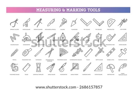 Measuring and marking tools line icon set
