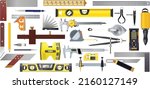 Measuring and Marking tools set isolated vectors on white background. Consists of Marking Tools, Calipers, Dividers, Measuring Tools, Squares, Levels, and Bevels.