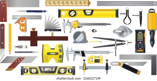 Measuring and Marking tools set isolated vectors on white background. Consists of Marking Tools, Calipers, Dividers, Measuring Tools, Squares, Levels, and Bevels.