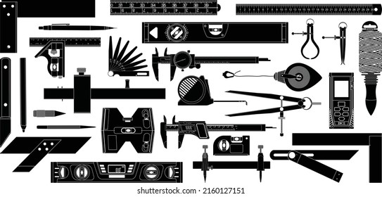 Measuring and Marking tools set isolated vectors on white background. Consists of Marking Tools, Calipers, Dividers, Measuring Tools, Squares, Levels, and Bevels.