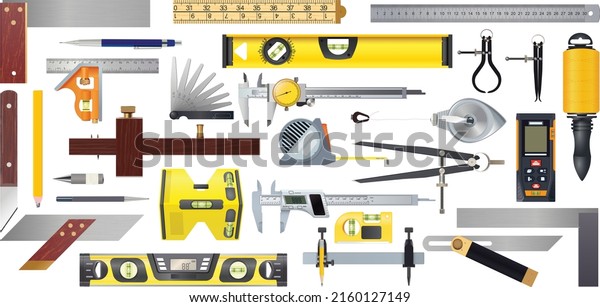 Measuring and Marking tools\
set isolated vectors on white background. Consists of Marking\
Tools, Calipers, Dividers, Measuring Tools, Squares, Levels, and\
Bevels.