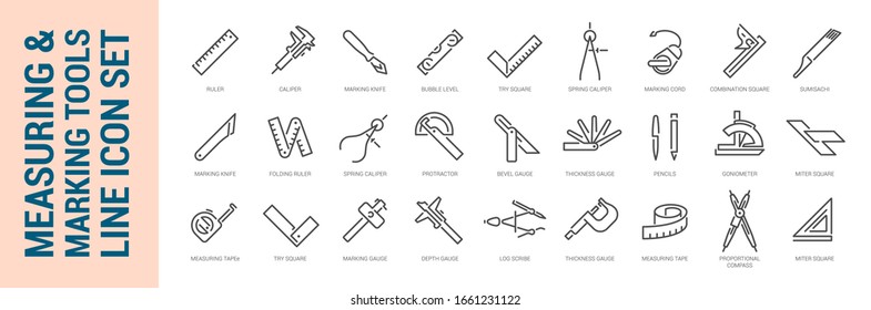 Measuring & marking tools. Vector isolated line icon set. Collection