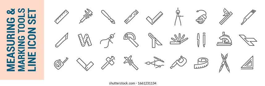 Measuring & marking tools. Vector isolated line icon set. Collection