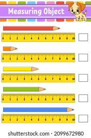 Measuring object with ruler. Education developing worksheet. Game for kids. Color activity page. Puzzle for children. Cute character. Vector illustration. cartoon style.