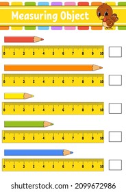 Medir objeto con regla. Educación desarrollando hoja de trabajo. Juego para niños. Página de actividad de color. Rompecabezas para los niños. Carácter lindo. Ilustración vectorial. estilo de dibujos animados.