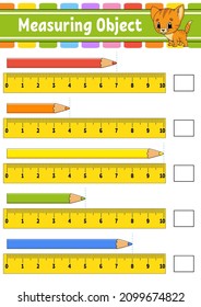 Measuring object with ruler. Education developing worksheet. Game for kids. Color activity page. Puzzle for children. Cute character. Vector illustration. cartoon style.