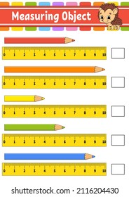 Measuring object with ruler. Education developing worksheet. Game for kids. Color activity page. Puzzle for children. Cute character. Vector illustration. cartoon style.