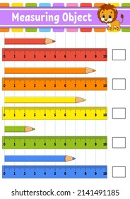 Measuring object with ruler. Education developing worksheet. Game for kids. Color activity page. Puzzle for children. Cute character. Vector illustration. cartoon style.