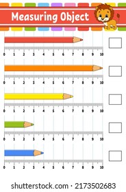 Measuring object with ruler. Education developing worksheet. Game for kids. Color activity page. Puzzle for children. Cute character. Vector illustration. cartoon style.