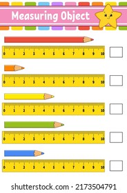 Measuring object with ruler. Education developing worksheet. Game for kids. Color activity page. Puzzle for children. Cute character. Vector illustration. cartoon style.