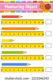 Measuring object with ruler. Education developing worksheet. Game for kids. Color activity page. Puzzle for children. Cute character. Vector illustration. cartoon style.