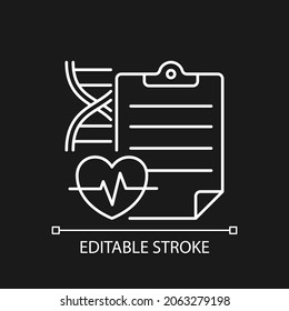 Measuring outcomes white linear icon for dark theme. Clinical trials results. Research efficacy. Thin line customizable illustration. Isolated vector contour symbol for night mode. Editable stroke