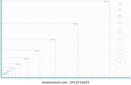 Measuring Pad 1cm Squares with integrated Papers Sizes A1 to A10 plus Horizontal ruler to 100cm and Vertical ruler to 60cm and more. Pad size 