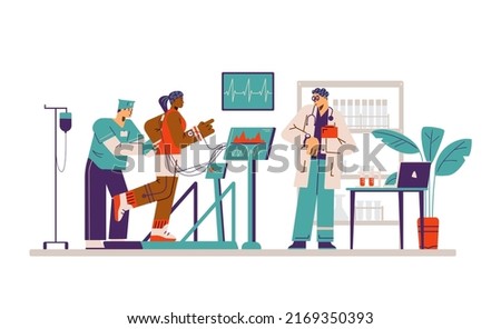 Measuring the performance of athlete running on treadmill flat style, vector illustration isolated on white background. Medical characters, young sportswoman, sensors on body