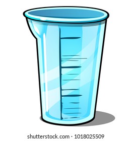 Measuring plastic cup isolated on white background. Vector cartoon close-up illustration.
