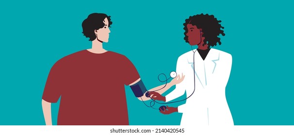 Medición de la presión del paciente con sobrepeso. Ilustración de material vectorial plano. Atención de la salud con hipertensión, hipotensión. Médico y mujer adulta en el hospital para diagnóstico