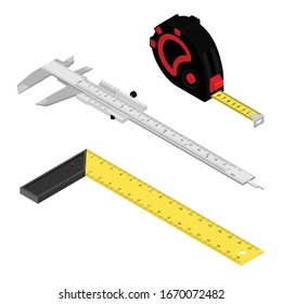 Measuring roulette tape, vernier caliper and square ruler isolated on white background isometric view. Construction tool set. 