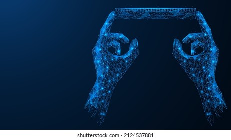 Measuring ruler in hand. Polygonal design of interconnected elements. Blue background.
