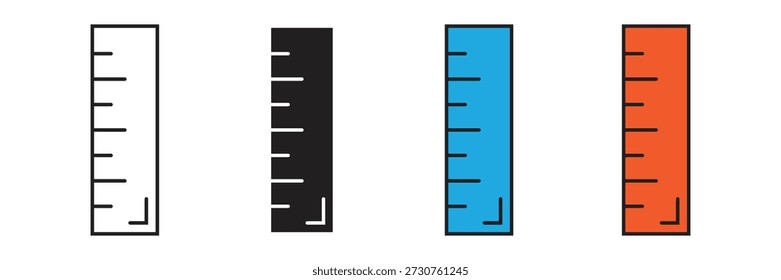 Conjunto de íconos de Regla de medición que incluye diferentes estilos para proyectos de geometría, construcción e ingeniería, adecuados para recursos de diseño educativo y técnico.