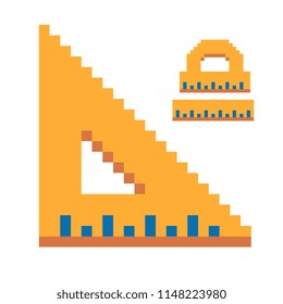 Measuring ruler pixel art icon, triangular shape and circle. School  equipment and stationery. Isolated on white background vector illustration. 8-bit sprite. Design stickers, logo, app.