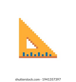 Measuring ruler, pixel art icon, triangular shape. School  stationery equipment isolated on white background vector illustration. 8-bit sprite. Design stickers, logo, app.