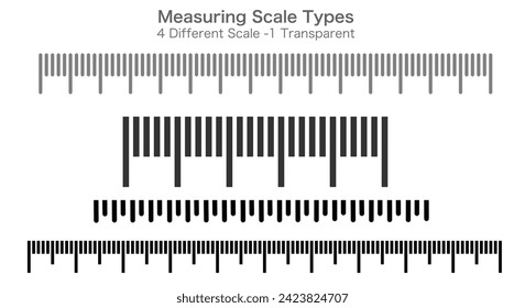 Measuring ruler scale types, set.  Four different ruler, meter, inch. Comparing quantities. Distance, repeatable. Transparent black white ruler, measure baseline. Math, geometry. Vector illustration
