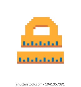 Measuring rulers, pixel art icon, circle and straight ruler  shape. School equipment and stationery. Isolated on white background vector illustration. 8-bit sprite. Design stickers, logo, app.