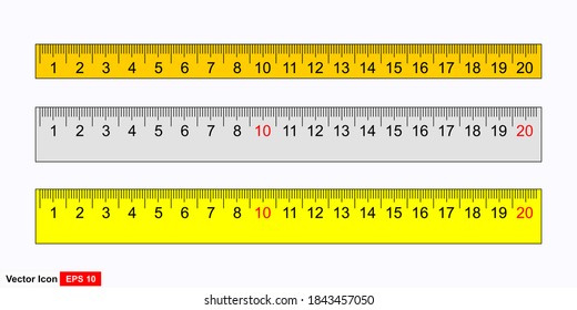 Measuring rulers scale vector illustration isolated on white background. Realistic design of colorful tool supplies. Measuring scale in centimeters, millimeters and inch
