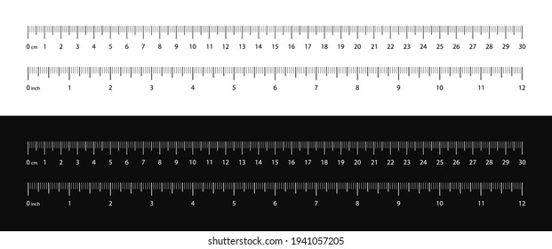 Measuring scale black and white, marking for ruler, marks for tape measure, thermometer scale. Set of scale 30 cm 12 inch. Measuring tool. Vector illustration EPS 10