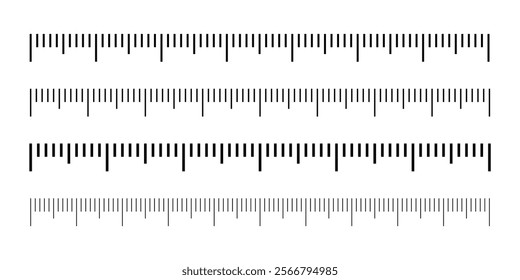 Measuring scale, markup for rulers vector illustration. Various measurement scales with divisions. Measuring tool. Blank measuring scale indicator.