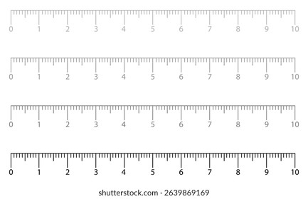 Measuring scale, markup for rulers vector illustration. Various measurement scales with divisions. Measuring tool. Blank measuring scale indicator . Vector Illustration . EPS 10 . 