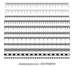 Escala de medición. Escalas de medidor, centímetro y pulgada con división para la regla, medida de cinta y medida de instrumento preciso, mapa. Plantilla aislada de vectores. Instrumento de medición para la educación