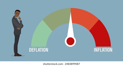 La escala de medición muestra el nivel de deflación e inflación. African american politics or economist analiza el riesgo de Precios crecientes y posible recesión. Prueba de esfuerzo, estrategia de negocios. Vector plano