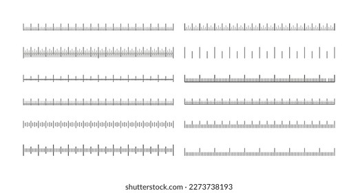 Measuring scales. Line ruler tape with meter centimeter inch marks, measurement equipment with size indicators, math geometric tools. Vector isolated set. Accurate length, education concept