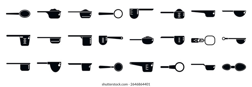  Measuring scoop icons set. Collection of black glyph icons representing measuring spoons and cups, essential tools for precise portioning in cooking and baking