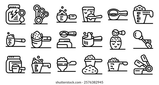  Measuring scoop icons set. Measuring spoons and cups ensure precise ingredient amounts for recipes, enhancing cooking and baking outcomes