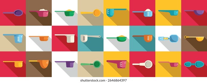  Definição de ícones de scoop de medição. Várias colheres de medida coloridas garantem medições precisas de ingredientes para cozinhar e assar