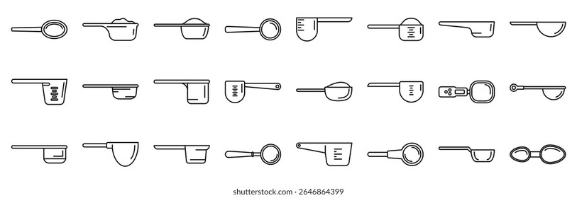  Measuring scoop icons set. Various measuring spoons and cups icons represent precise ingredient measurement for culinary tasks