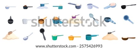 Measuring scoop icons set. Various colorful scoops and spoons are filled with powders, offering a visual representation of measuring ingredients for nutrition, health, and fitness