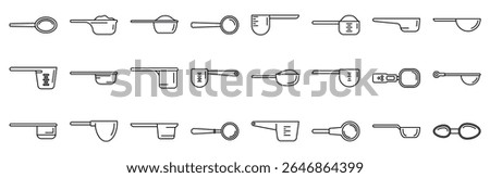  Measuring scoop icons set. Various measuring spoons and cups icons represent precise ingredient measurement for culinary tasks