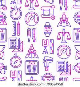 Measuring seamless pattern with thin line icons: stopwatch, weight scales, speedometer, smart watch, brass scales, thermometer. Modern vector illustration.