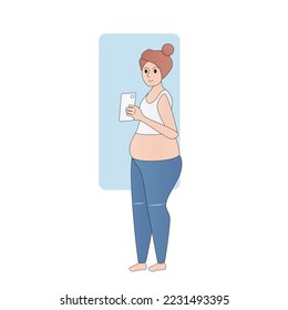Mediendo la mejora del cuerpo y el progreso de pérdida de peso, hembra con ropa de fitness parada sosteniendo selfie de teléfono móvil frente al espejo,Ilustración vectorial.
