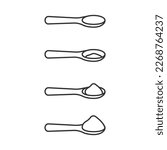 Measuring spoon, line icon set. Empty, half and full teaspoon. Powder of flour, sugar, salt in spoon. Measure powder in cutlery. Soluble food of baking ingredients. Vector outline illustration