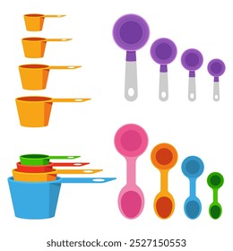 Measuring spoons and cups vector cartoon set isolated on a white background.